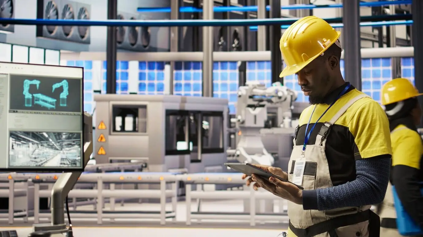 Механик умной фабрики использует планшет для анализа данных датчиков IoT.
